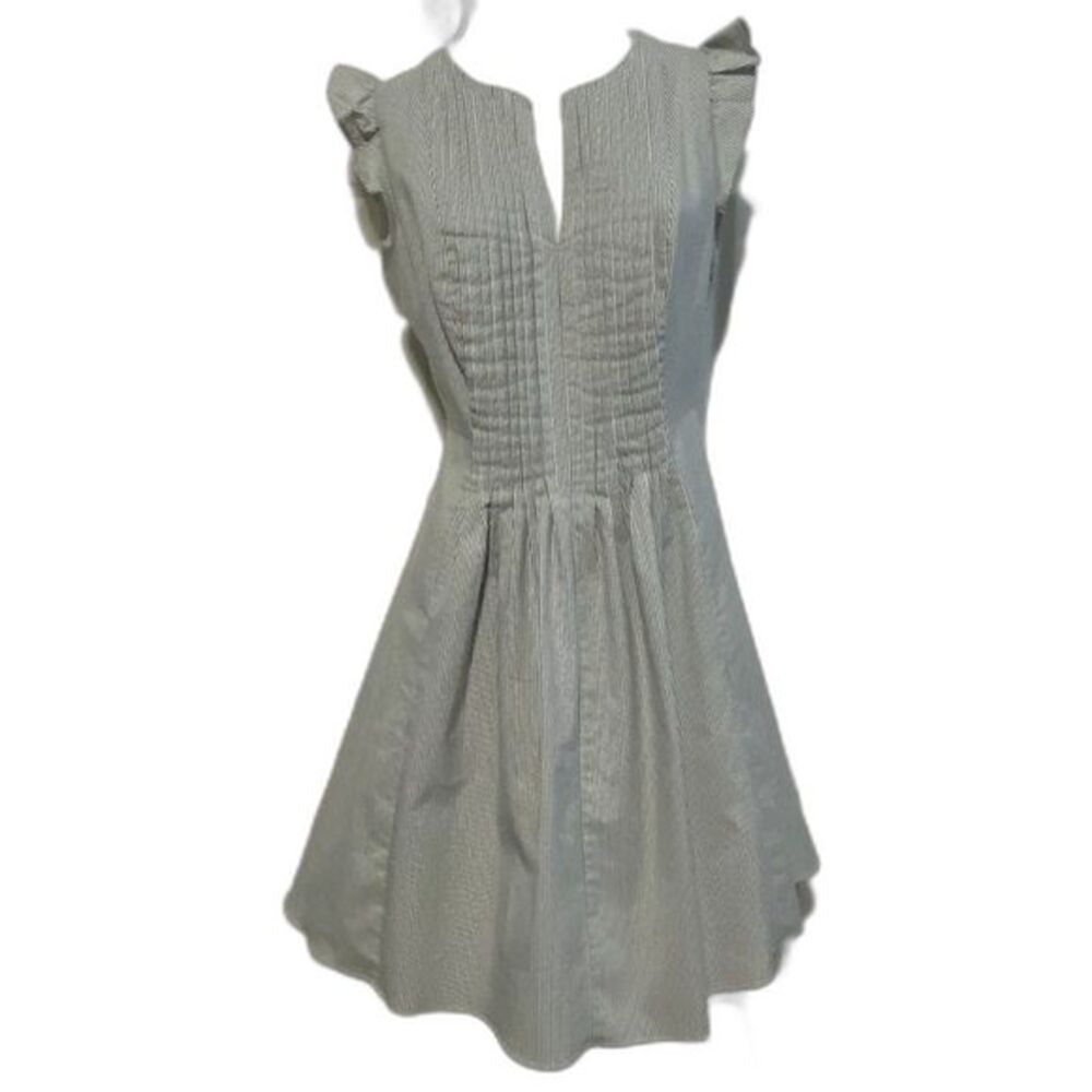 CECE Pleated Flutter Sleeve Dress Grey & White Striped Sz 6